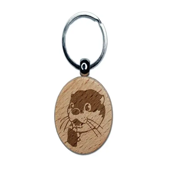 Shocked Surprised Otter Head Engraved Wood Round Keychain Tag Charm {1}