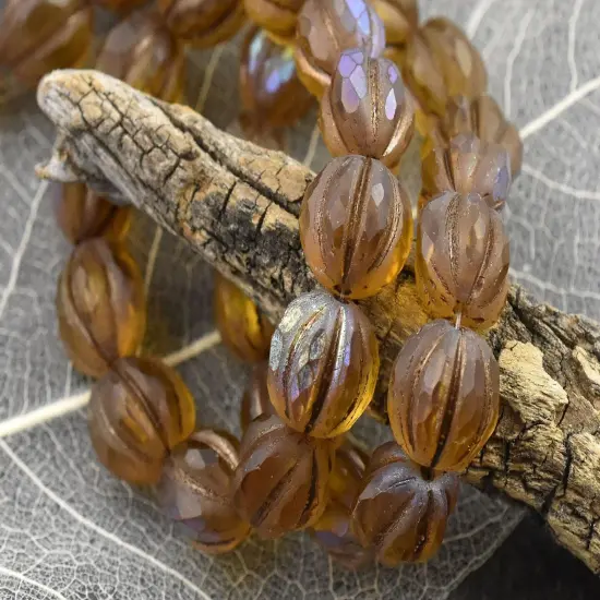 *12* 10mm Metallic Brown Washed Matte Amber AB Faceted Round Melon Beads {3}