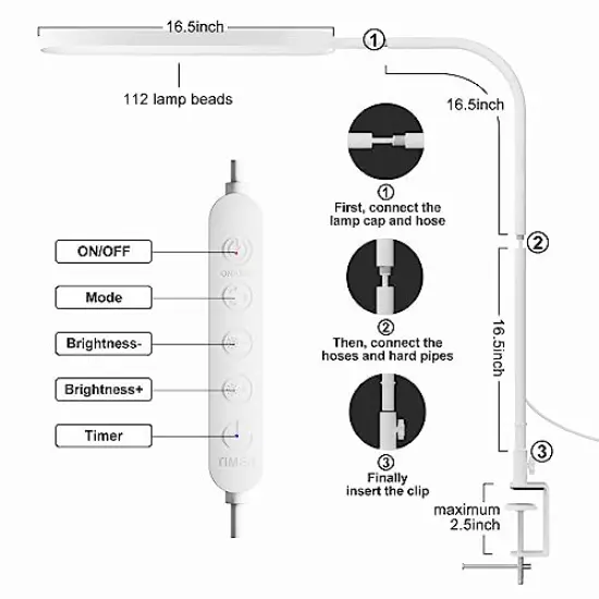 Desk Lamp for Office Home- 34" LED Desk Light - Touch Control - 5 Color Modes X 11 Brightness Levels - 1300ML(112 Pcs Lamp Beads) - Timmer & Memory Function - 12W Clip On Light - White {4}