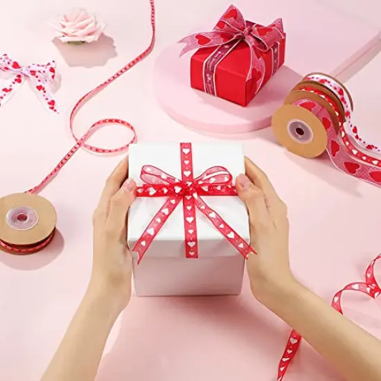 4 Rolls Valentine's Day Wired Ribbon Heart Wired Edge Ribbon Printed Heart Ribbon Polyester Wrapping Ribbon for DIY Craft Wrapping Wedding Valentine's Day Decoration, 11 Yards, 5.5 Yards {3}