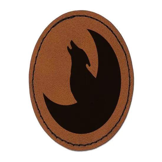 Wolf Howling with Moon Round Iron-On Engraved Faux Leather Patch Applique - 2.5" Brown {1}