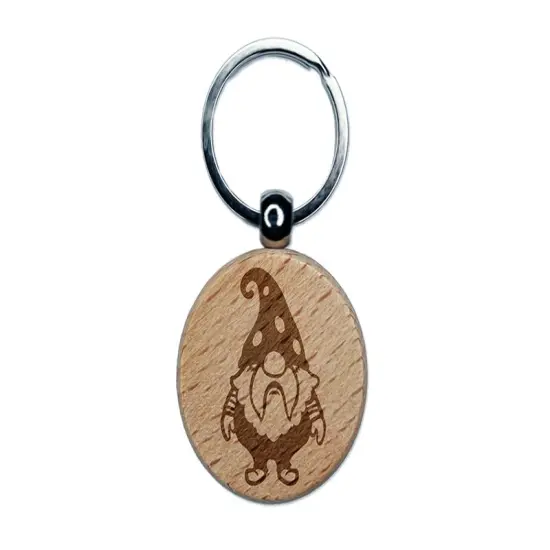 Cute Bearded Garden Gnome Engraved Wood Round Keychain Tag Charm {1}
