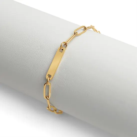 Stainless Steel Engravable Paperclip Bar Bracelet Gold {4}