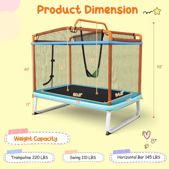 Rectangle Trampoline with Swing Horizontal Bar and Safety Net Orange {4}