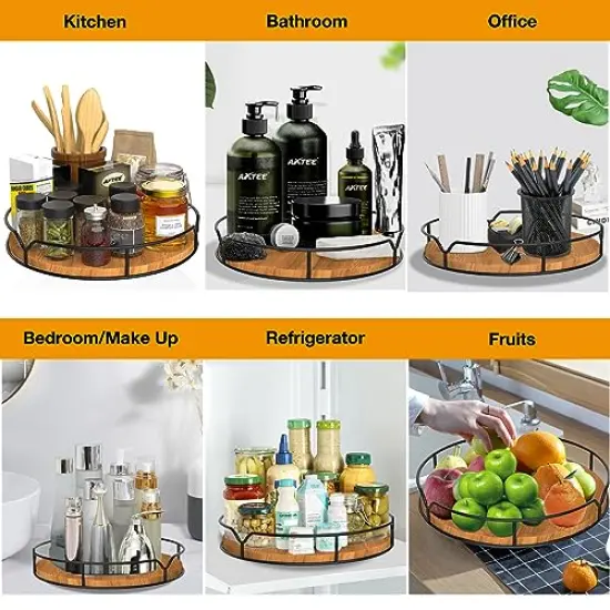 Lazy Susan Turntable Organizer for Cabinet Pantry Kitchen Countertop Refrigerator Cupboard, Pine Wood, 9", Carbonized Black {5}