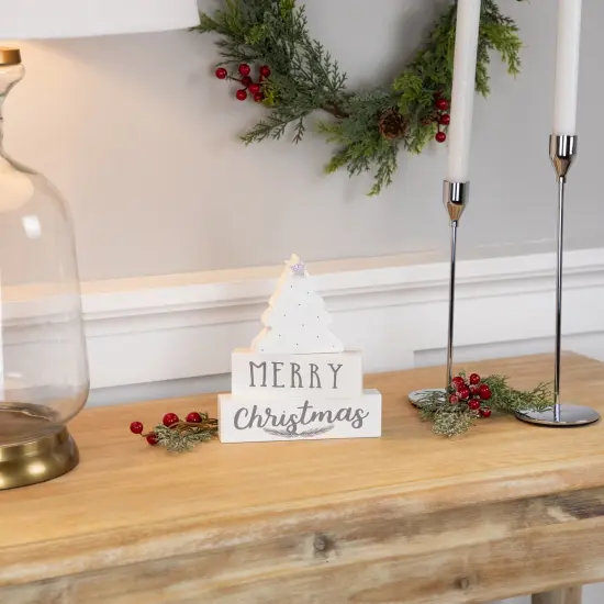 Northlight Star Topped Tree "Merry Christmas" Wooden Block Decoration - 6.75" White {3}