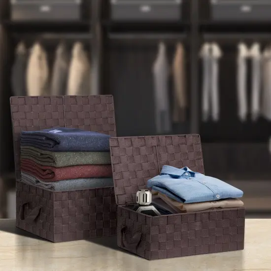 Sorbus Woven Basket Bin Set - Shelf Storage Tote Baskets for Household Items - Stackable with lid, Woven Straps and built-in Carry Handles (3 Pack) Chocolate {2}