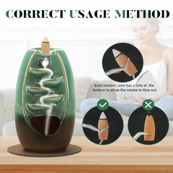 Backflow Incense Burner, Ceramic Waterfall Incense Burner Holder with 120 Incense Cones and 30 Incense Sticks Incense Fountain Smoke Waterfall for Meditation Zen Spiritual Room Home Decor, Cyan {2}