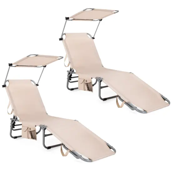 Set of 2 Portable Reclining Chair with 5 Adjustable Positions Beige {2}