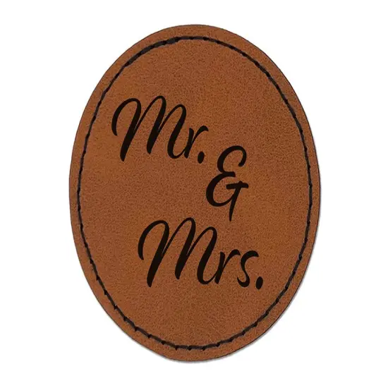 Mr. and Mrs. Married Couple Wedding Anniversary Round Iron-On Engraved Faux Leather Patch Applique - 2.5" Brown {1}