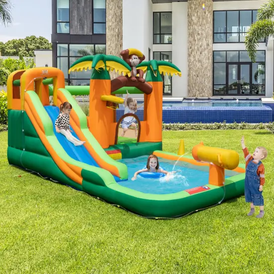 Monkey-Themed Inflatable Bounce House with Slide without Blower {1}