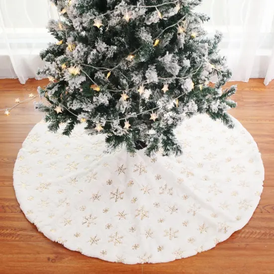 White Snow Embroidered Tree Skirt with gold snowflakes Fur Christmas Tree Skirt 35.9'' {2}