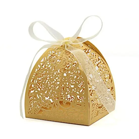 70 Pieces Laser Cut Rose Candy Boxes, Favor Boxes 2.5"x 2.5"x 3.1", Gift Boxes for Bridal Shower Anniverary Birthday Party Wedding Favor (Gold) {2}