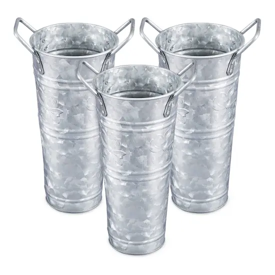 3 Pieces Galvanized Metal Farmhouse Flower Vases 9 Inch, - Rustic Decorative French Flower Bucket Pots for Wedding Table Centerpiece Decorations, Home Decor by Walford Home {2}