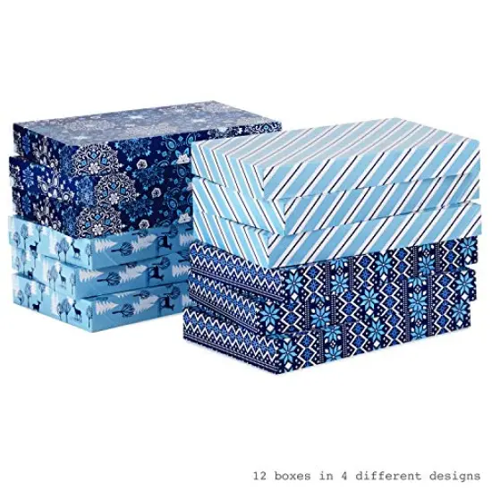 12 Pieces Holiday Designed Shirt Boxes, Snowy Blues Snowflakes, Stripes, Sweater Pattern, Reindeer {1}