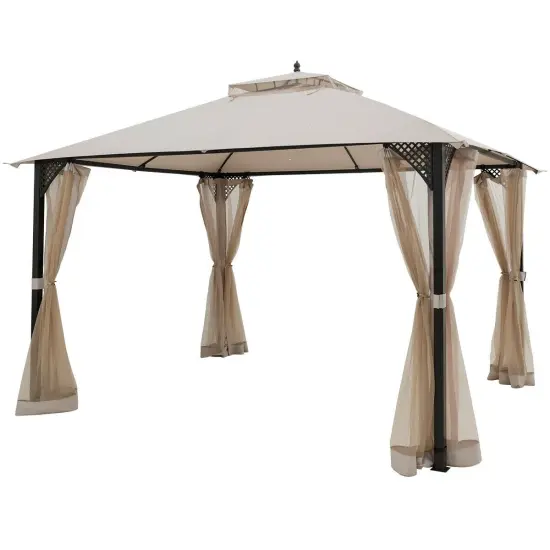 12 x 10 Feet Outdoor Double Top Patio Gazebo with Netting Beige {6}