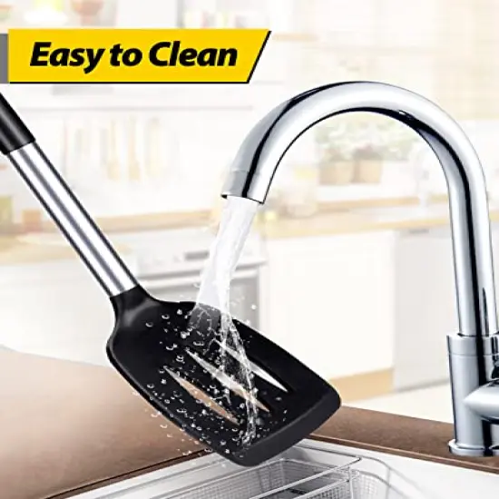 2 PCK Silicone Solid Turner,Non Stick Slotted Kitchen Spatulas,High Heat Resistant BPA Free Cooking Utensils,Ideal Cookware for Fish,Eggs,Pancakes (Black) {5}