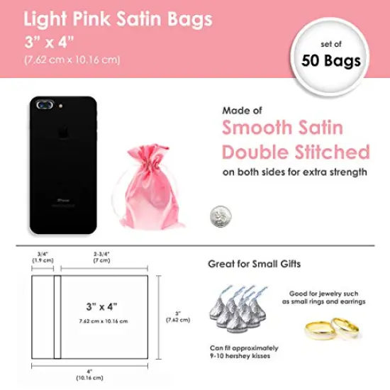 50 Pieces 3" x 4" Satin Pink Gift Bags, Jewelry Bags, Wedding Favor Drawstring Bags Baby Shower Christmas Gift Bags {6}