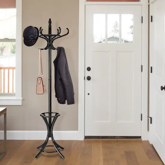 Wooden Freestanding Hat Coat Rack with Umbrella Stand Perfect for Any Room Black {2}