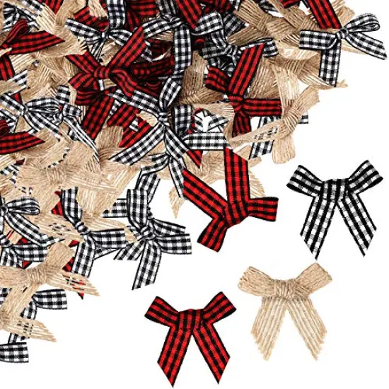 WILLBOND 60 Pieces Small Christmas Buffalo Plaid Bows Black Red White Mini Burlap Gingham Craft Ribbon Bow Flowers Appliques for Sewing Xmas Tree Home Decoration Gift DIY Making {1}