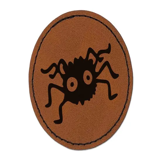 Fuzzy Cartoon Bug Spider Round Iron-On Engraved Faux Leather Patch Applique - 2.5" Brown {1}