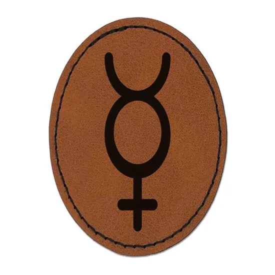 Mercury Unisex Gender Symbol Round Iron-On Engraved Faux Leather Patch Applique - 2.5" Brown {1}