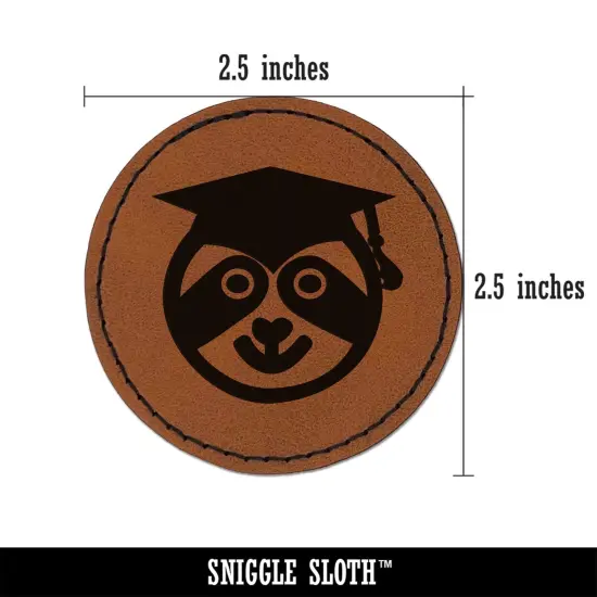 Graduation Sloth Round Iron-On Engraved Faux Leather Patch Applique - 2.5" Brown {3}