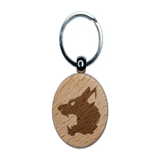 Ferocious Snarling Wolf Head Side Engraved Wood Round Keychain Tag Charm {1}