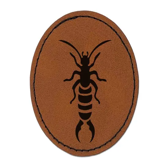 Earwig Insect Bug with Pincer Tail Round Iron-On Engraved Faux Leather Patch Applique - 2.5" Brown {1}