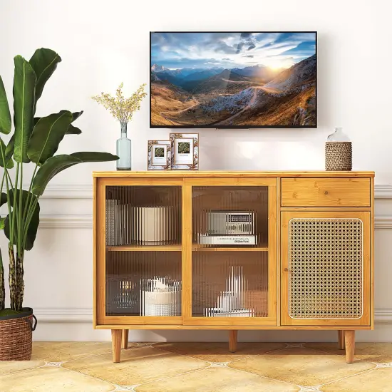 Costway Buffet Sideboard Cabinet Rattan Console Table with Sliding Doors Storage Drawer {4}