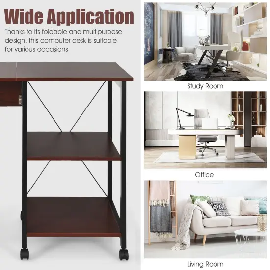 Costway Rolling Computer Desk Folding Writing Office Desk w/ Storage Shelves {5}