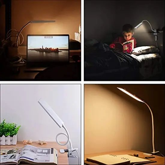 Clip on Light LED Desk Lamp with Eye-Caring LED Light and Metal Clip, 11 Level Brightness 3 Color Modes, Power by USB Port 5W Flexible Gooseneck Reading Light for Home and Office (5W, White) {3}