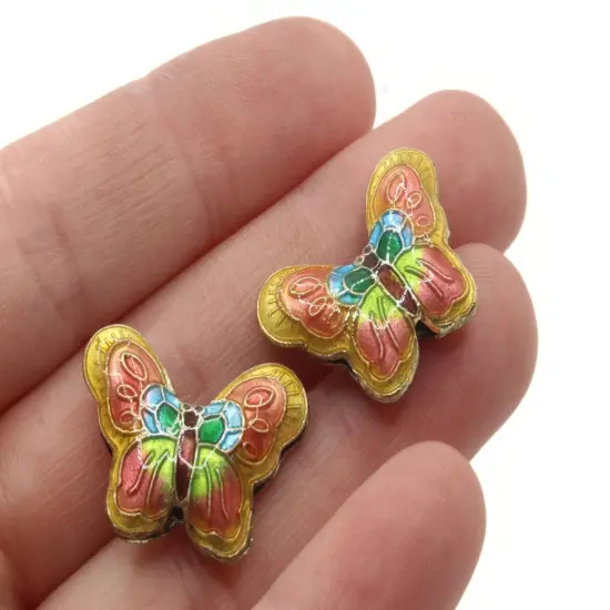 2 23mm Yellow and Pink Butterflies Cloisonne Metal Butterfly Beads {2}