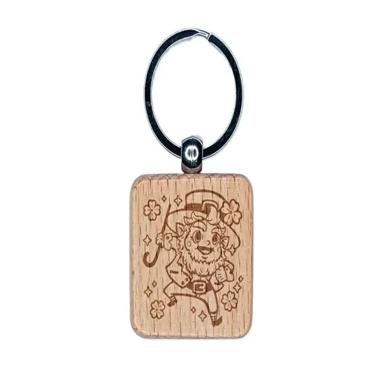 Cute and Jolly Saint Patrick's Day Leprechaun Engraved Wood Square Keychain Tag Charm {1}