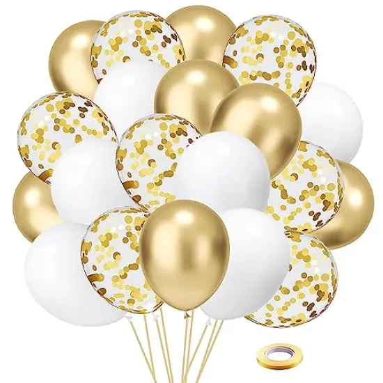 50 Pieces White and Gold Confetti Latex Balloons, 12 inch gold and white Party Balloons with Ribbons for Birthday Graduation Wedding Bridal Shower Party Decoration {2}
