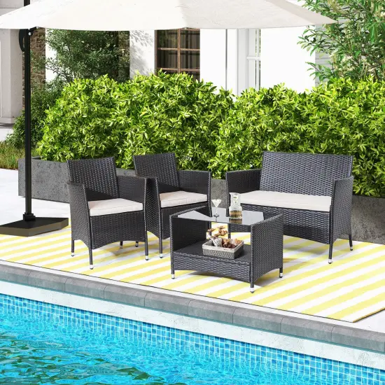 4 Pieces Patio Conversation Set with Soft Cushions and Tempered Glass Tabletop {6}