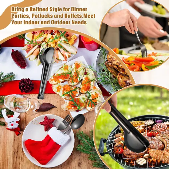 15 Pieces Stainless Steel Serving Utensils Large Serving Spoon Set 9.45 Inch Metal Tongs 9 Inch Serving Forks 8.7 Inch Slotted Spoons and Serving Spoon Kitchen Wedding Party (Black) {3}