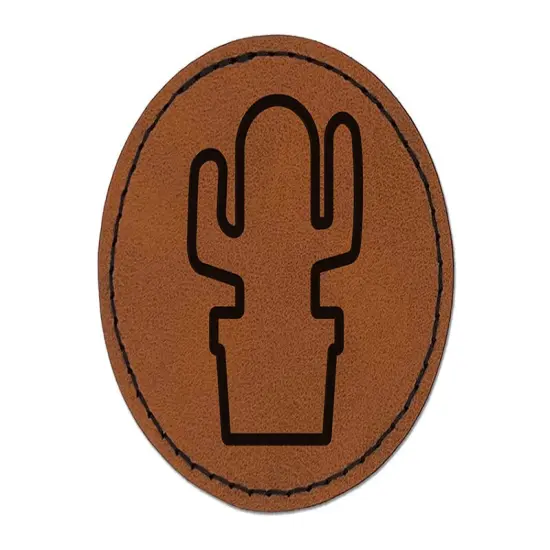 Cactus in Pot Outline Round Iron-On Engraved Faux Leather Patch Applique - 2.5" Brown {1}