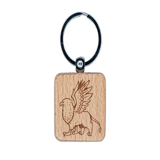 Enchanting Mythical Creature Griffin Engraved Wood Square Keychain Tag Charm {1}