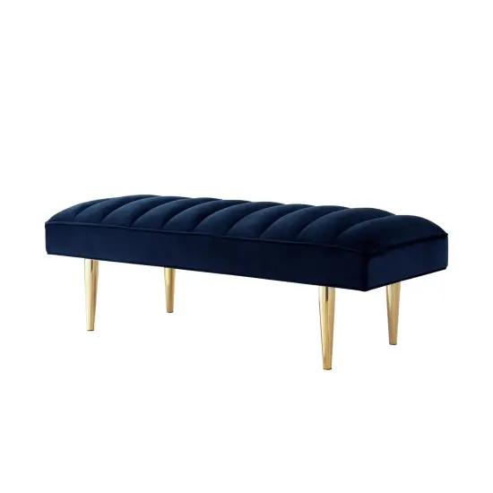 Denver Velvet Channel Tufted Bench with Mirrorred Lacquer Finish With Gold/Chrome Legs Navy/Gold {3}