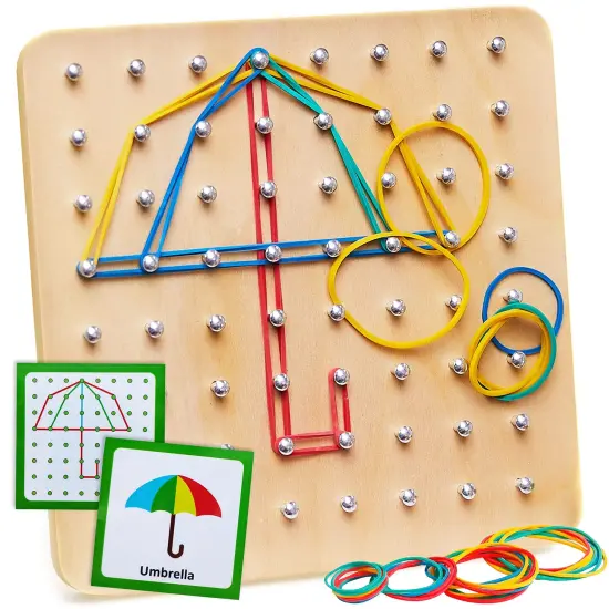 Wooden Geoboard - Montessori Toys for 3 4 5 Year Old Kids and Toddlers, Educational Toy with 30 Pattern Cards and 40 Rubber Bands to Create Figures, Brain Teaser STEM Toy Geo Board {2}
