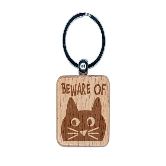 Beware of Cat Funny Doodle Engraved Wood Square Keychain Tag Charm {1}