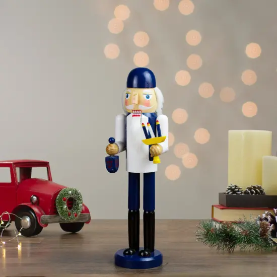 Northlight 14" Blue and White Wooden Hanukkah Nutcracker with Dreidel and Menorah {3}