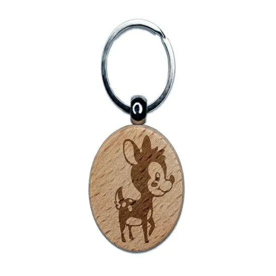 Adorable Baby Deer Fawn Engraved Wood Round Keychain Tag Charm {1}