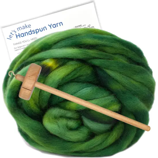 LEARN TO SPIN - Beginner's Spinning Kit with Hand Dyed BFL Roving, Drop Spindle & Printed Instructions w/ Video. Many Colors. Hunter Green {1}