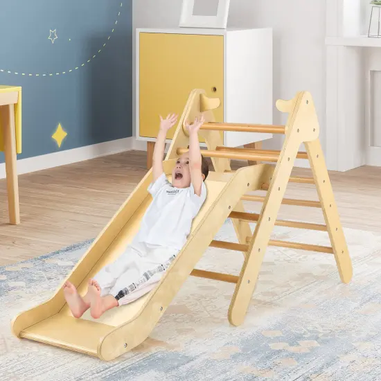 2-in-1 Wooden Triangle Climber Set with Gradient Adjustable Slide Natural {2}