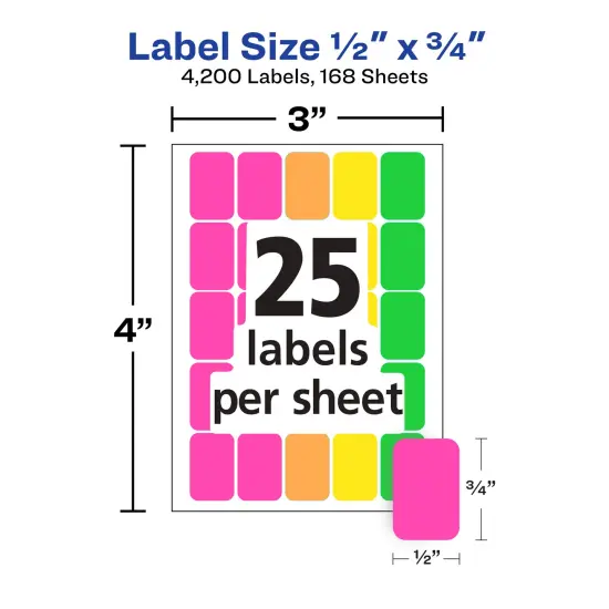 Avery Color-Coding Removable Labels, 1/2" x 3/4", Assorted Neon Colors, Non-Printable, 8 Packs, 4,200 Blank Labels Total (21928) {5}