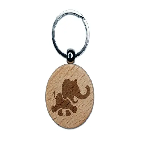 Marching Baby Elephant Engraved Wood Round Keychain Tag Charm {1}