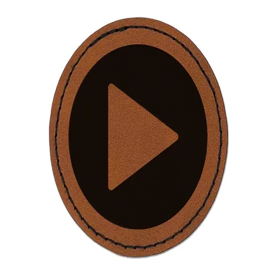 Play Button Icon Round Iron-On Engraved Faux Leather Patch Applique - 2.5" Brown {1}