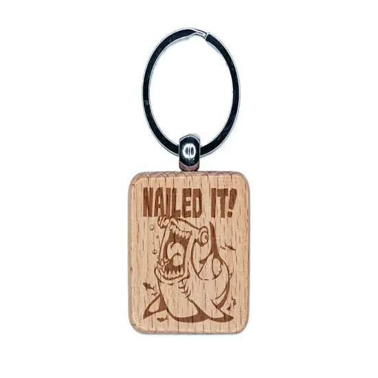 Nailed It with Happy Hammerhead Shark Engraved Wood Square Keychain Tag Charm {1}